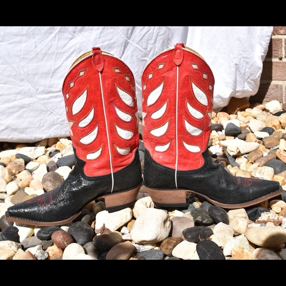 Justin Vintage Western Cowboy Boot Red & Black 7.5 - Picture 7 of 16